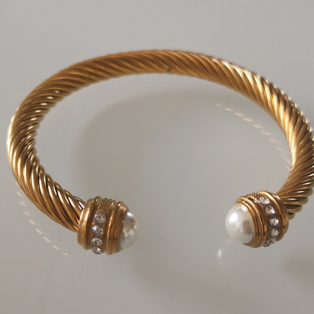 Twisted Gold and Pearl Cuff Bracelet